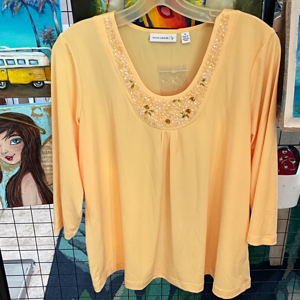 Susan Graver Women's Yellow Tunic with Embellished Neckline